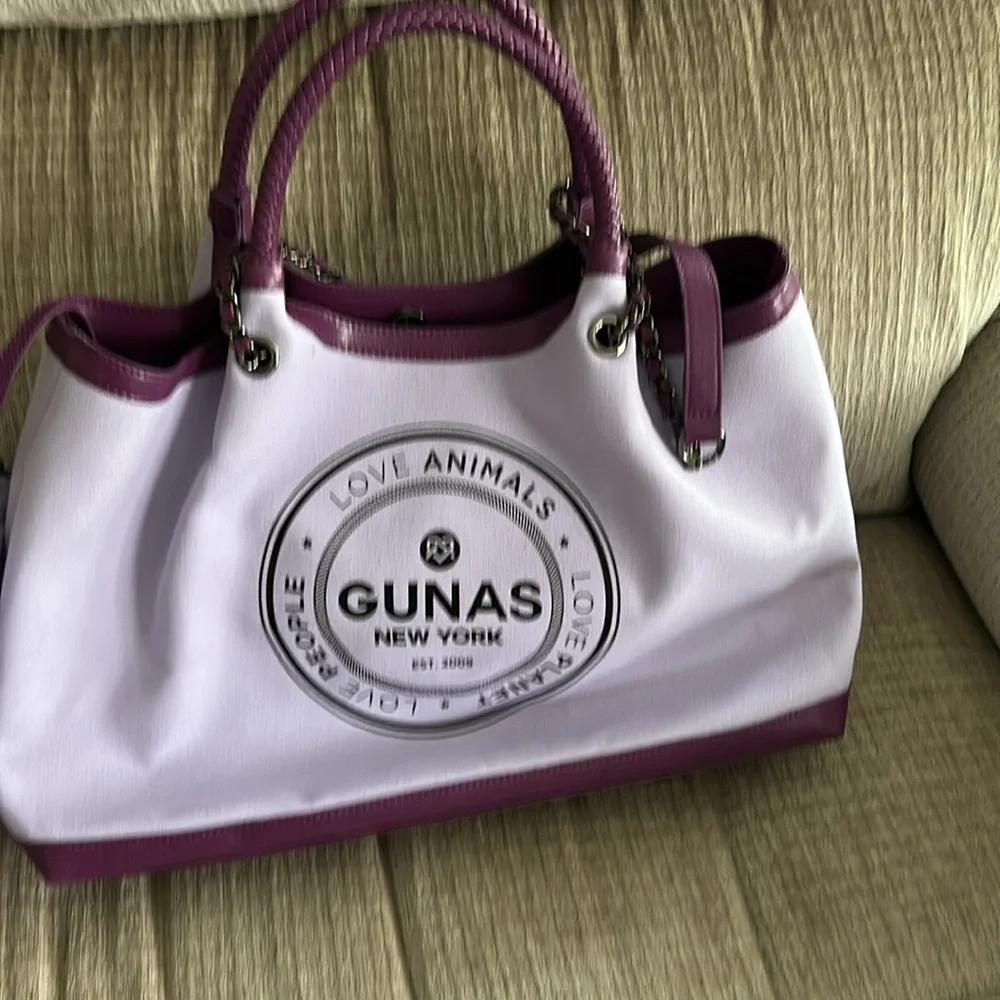 Gunas New York Ruth  canvas tote bag purple trimmed in leather APX 16 x 11 x 4 - Picture 8 of 13